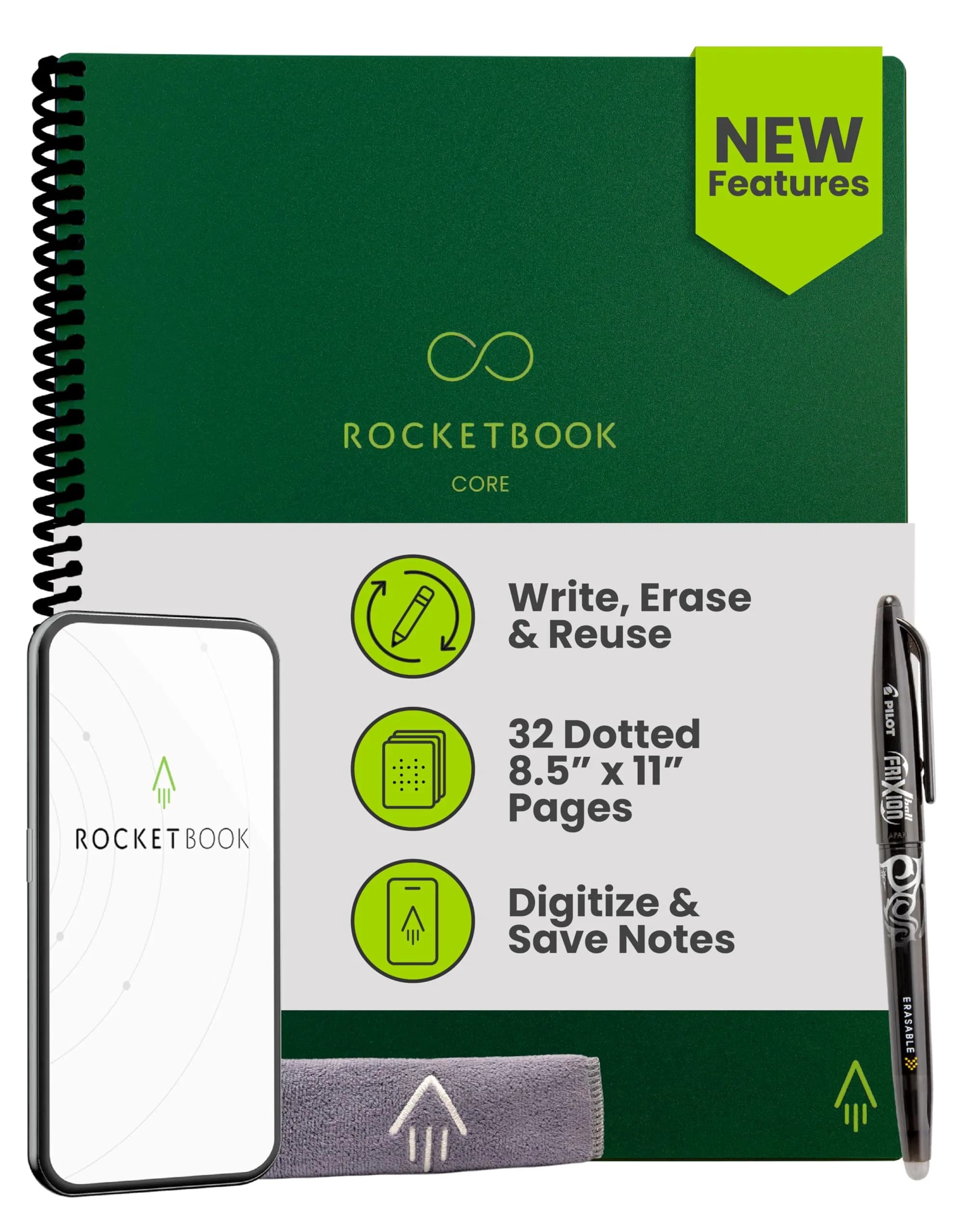 Rocketbook Core Reusable Spiral Notebook, Premium Letter Size 8.5x11, Green - Dotted Pages | 36 Pages - main product image