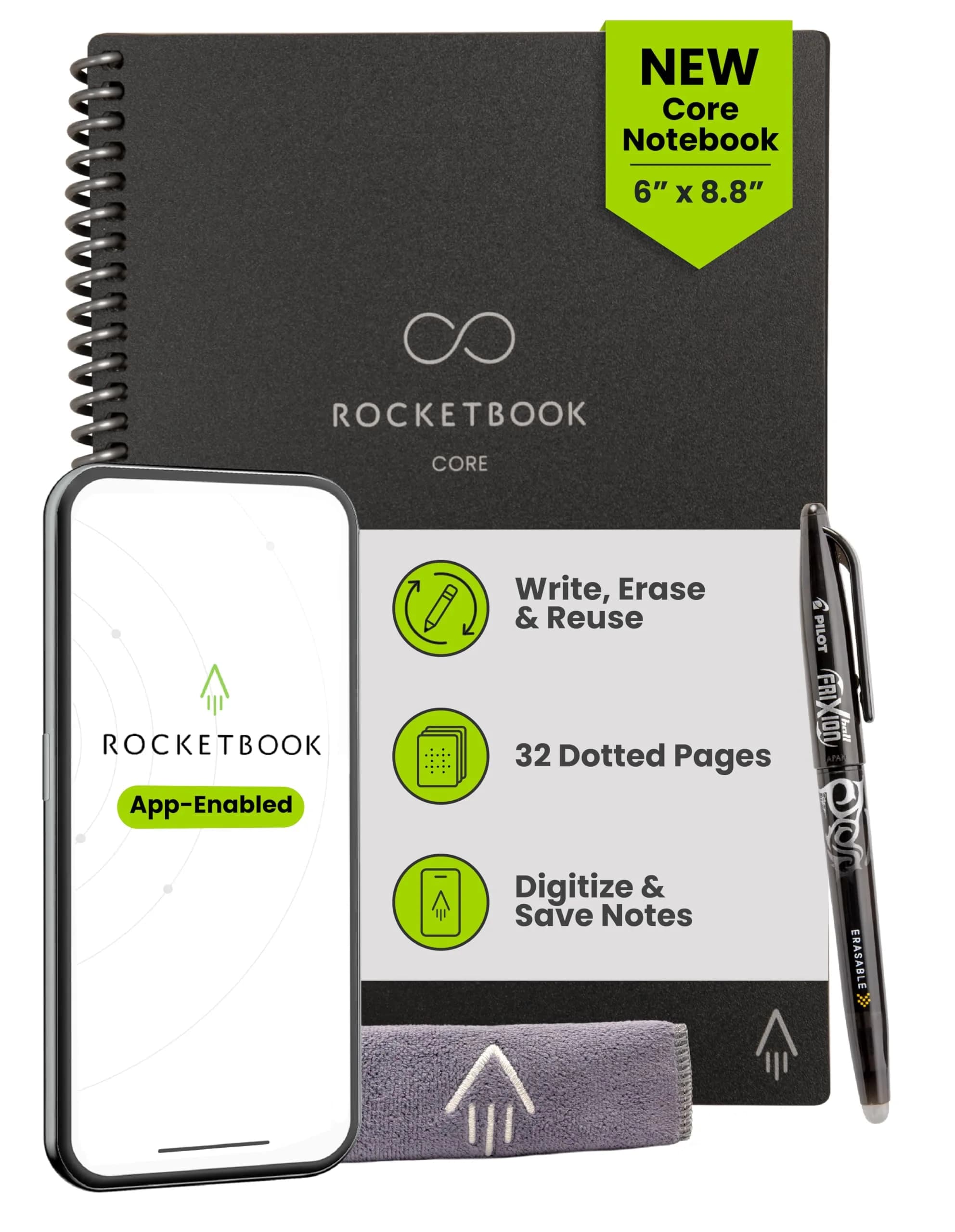 Rocketbook Core Reusable Notebook - Black, Premium Executive Size (6x8.8), Dotted Pages - main product image