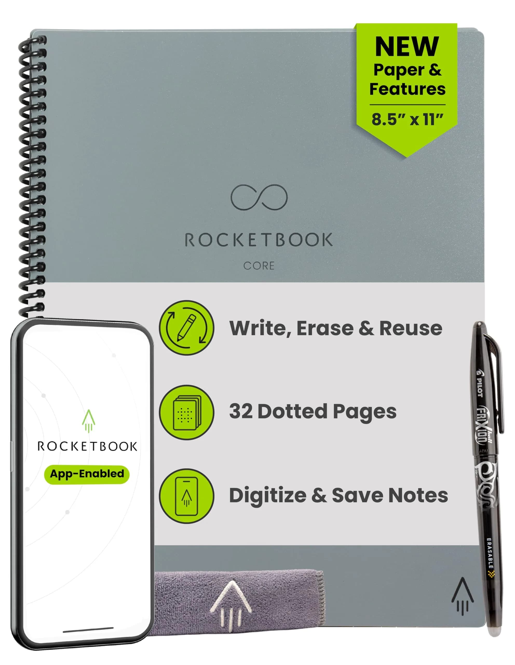 Rocketbook Core Reusable Smart Notebook, Letter Size 8.5x11 inches (21.6x27.9 cm), Grey | Dotted Pages for Creative Projects - main product image