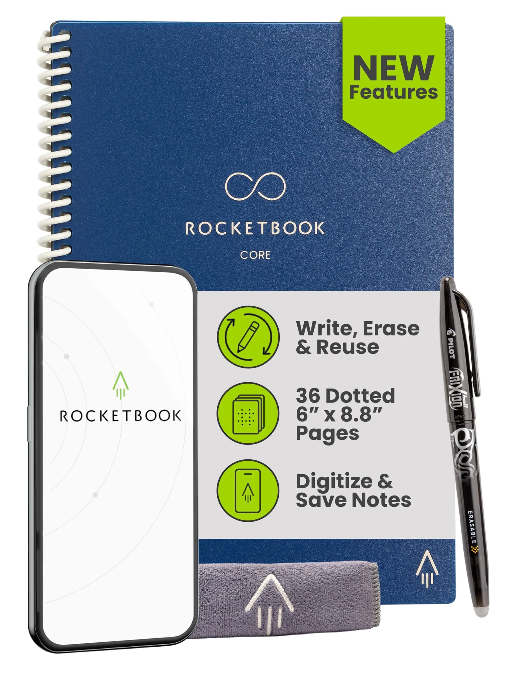 Rocketbook Core Reusable Notebook: Navy Blue, Premium Executive Size 6x8.8 Dotted Pages - main product image
