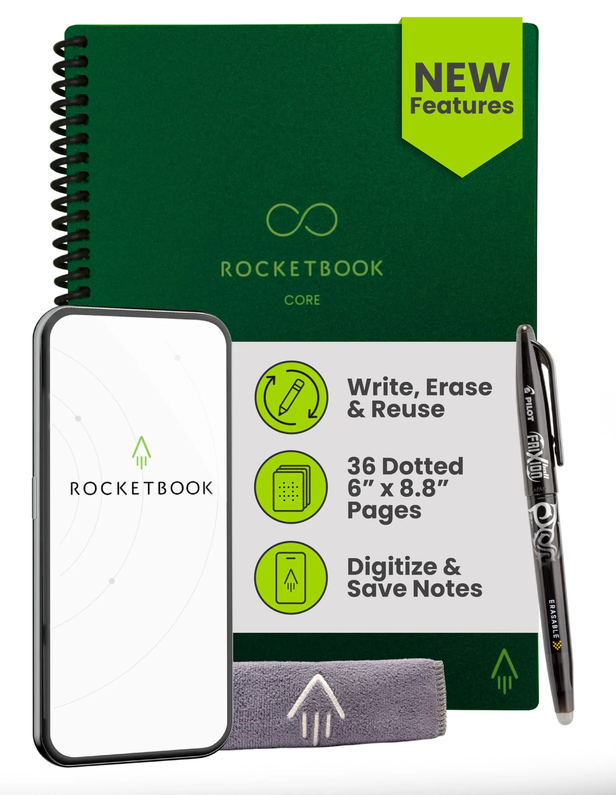 Rocketbook Core Reusable Notebook - Green, Premium Executive Size (6x8.8 Inches) - main product image