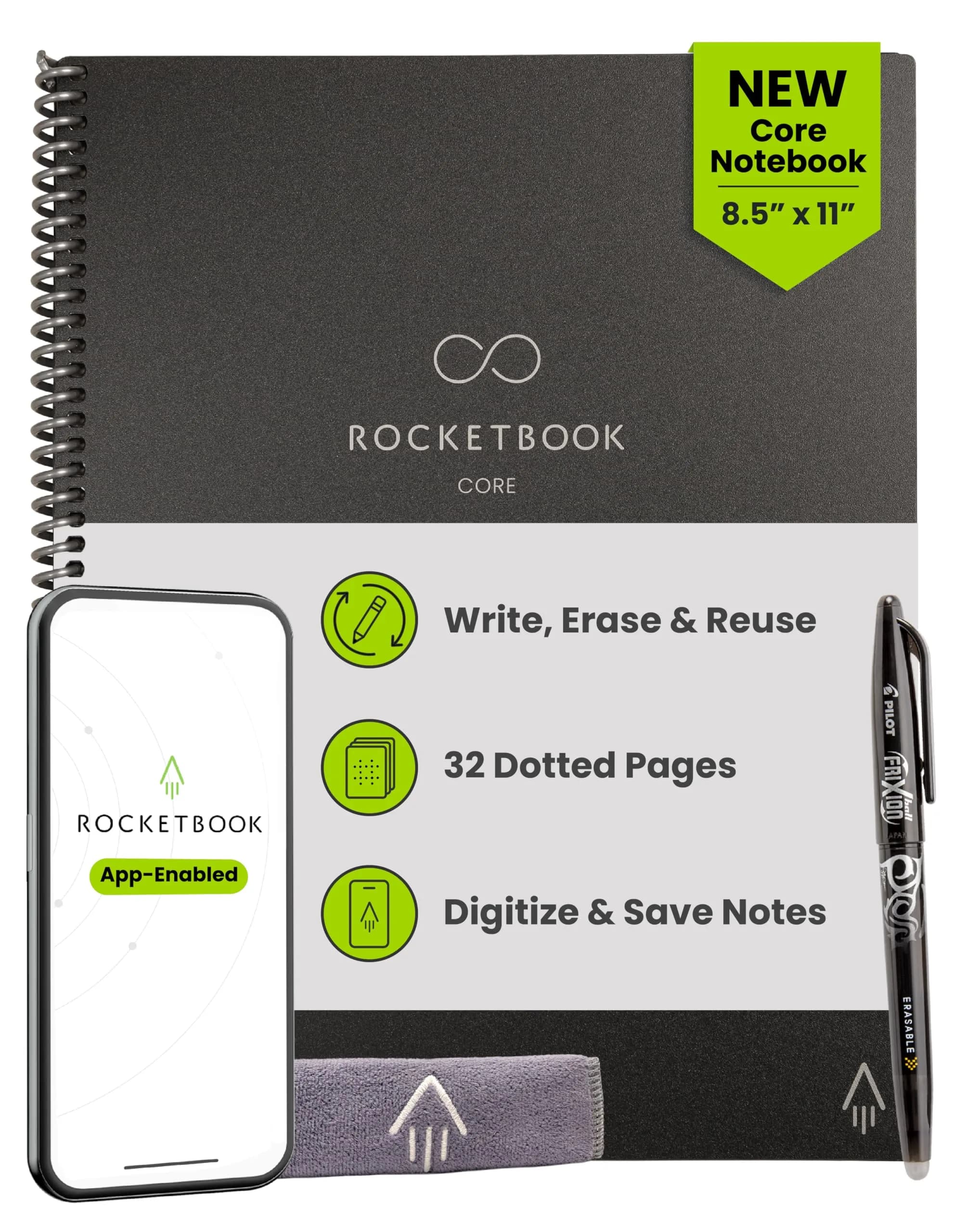 Rocketbook Core Reusable Spiral Notebook, Premium Letter Size 8.5x11, Black - Dotted Pages - main product image