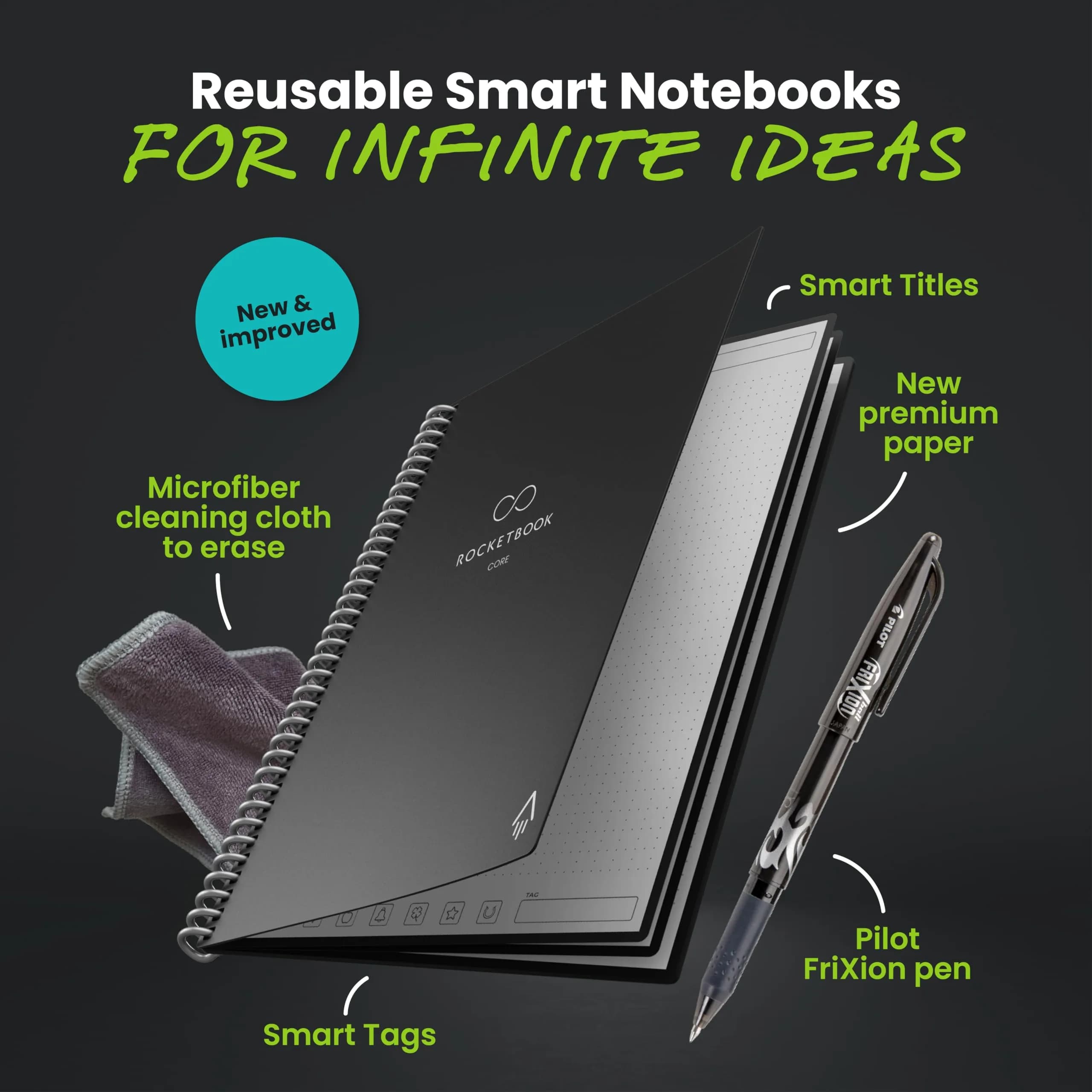 Rocketbook Core Reusable Spiral Notebook, Premium Letter Size 8.5x11, Black - Dotted Pages - view 3