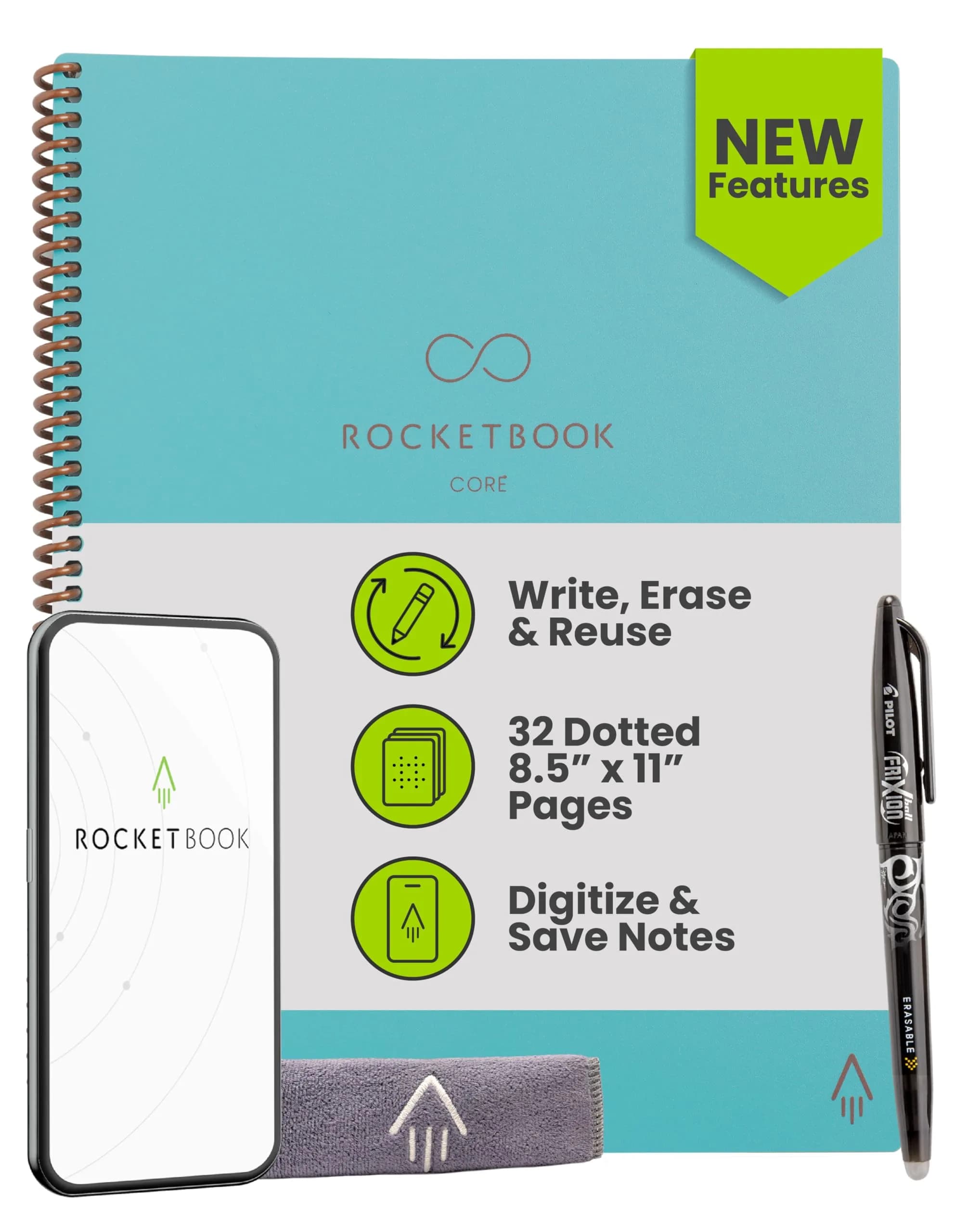 Rocketbook Core Reusable Spiral Notebook, Premium Letter Size 8.5x11, Teal - Dotted Pages | 36 Pages - main product image