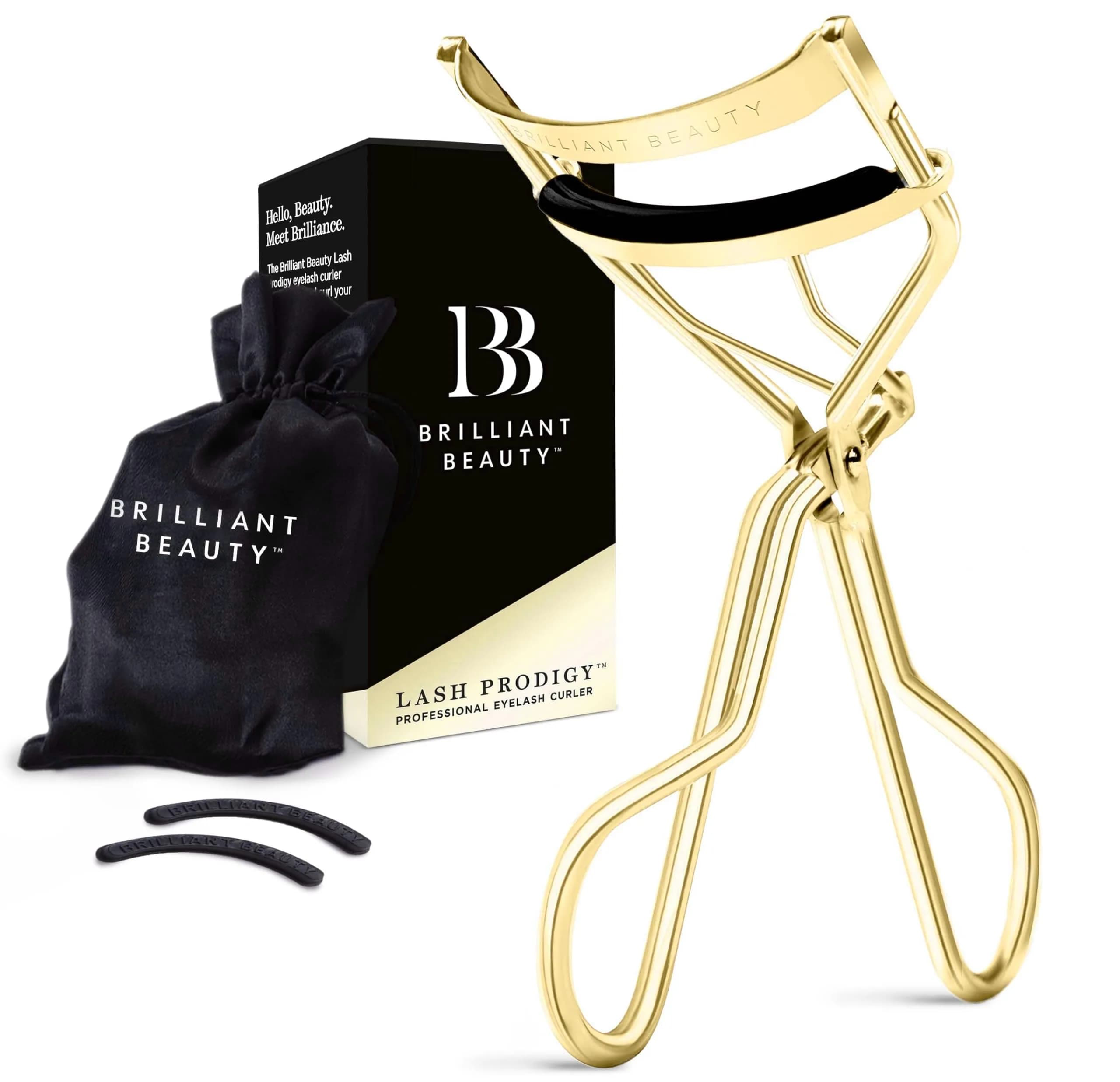 Brilliant Beauty Eyelash Curler - Stainless Steel, Satin Bag, 2 Refill Pads | Gentle, Durable & Travel-Friendly