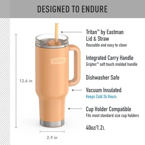 THERMOS 40oz Stainless Steel Cup Holder Mug Melon | Insulated Tumbler with Leak-Resistant Lid thumbnail 3