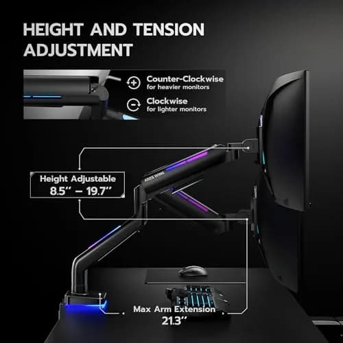 ARES WING Ultrawide Monitor arm with RGB for 17-49 Inch Screen | Full Motion, VESA Compatible, Black thumbnail 6