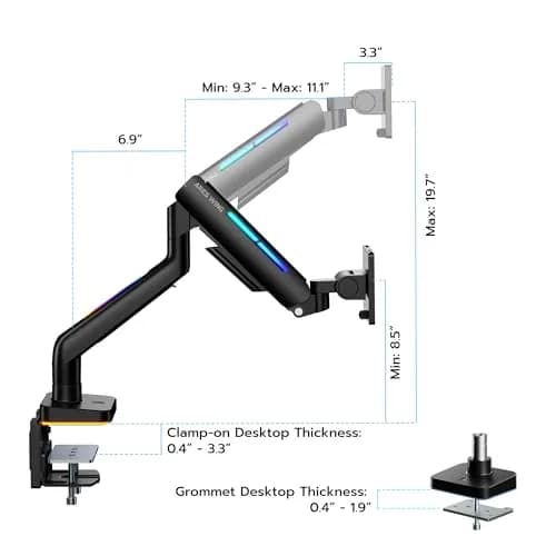 ARES WING Ultrawide Monitor arm with RGB for 17-49 Inch Screen | Full Motion, VESA Compatible, Black thumbnail 8