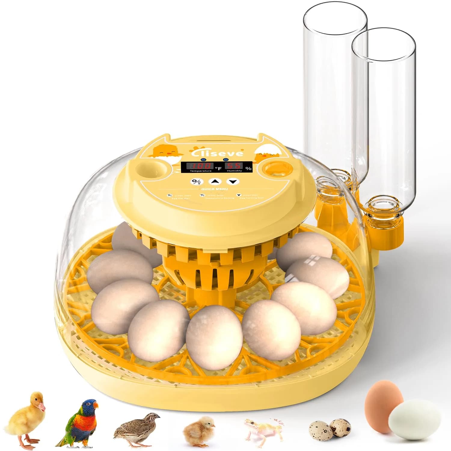 Cliseve Automatic Egg Incubator with Turner & Temp/Humidity Display (12-Egg Capacity) — Yellow