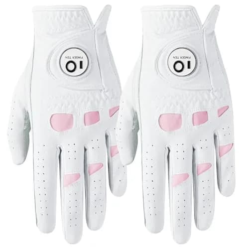 FINGER TEN Women's Leather Golf Gloves with Ball Marker - Enhanced Grip & Comfort for Ladies (White-2 Pack, Left Hand, Medium) — White Worn On Left Hand