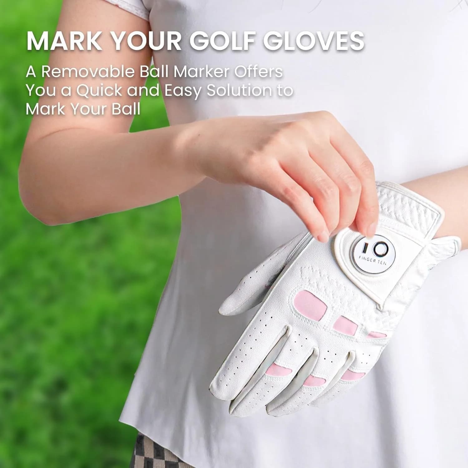 FINGER TEN Women's Leather Golf Gloves with Ball Marker - Enhanced Grip & Comfort for Ladies (White-2 Pack, Left Hand, Medium) - view 4