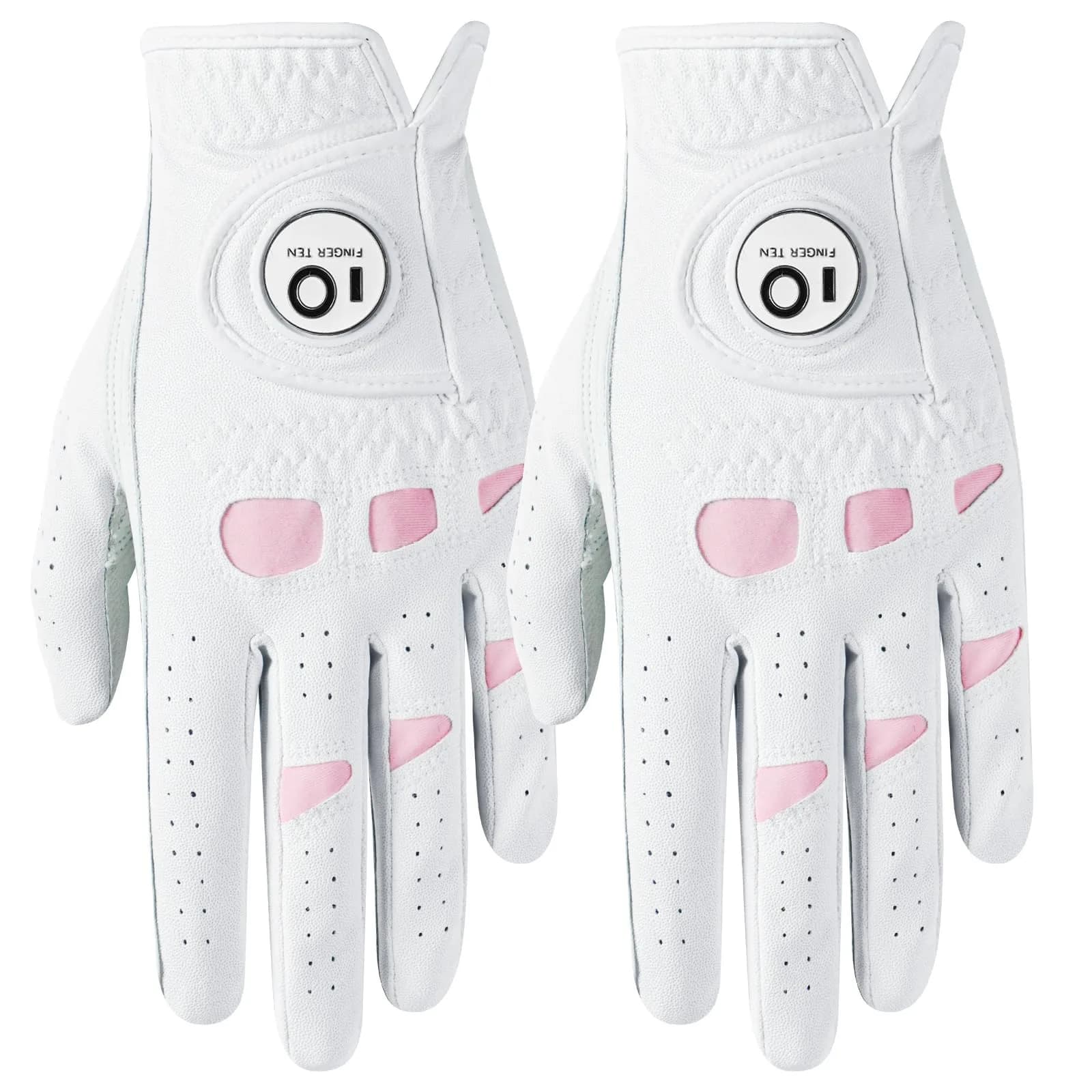 FINGER TEN Women's Leather Golf Gloves with Ball Marker - Enhanced Grip & Comfort for Ladies (White-2 Pack, Left Hand, Medium) - main product image