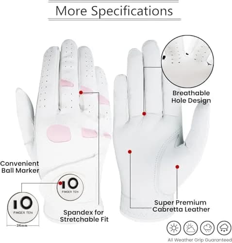 FINGER TEN Women's Leather Golf Gloves with Ball Marker - Enhanced Grip & Comfort for Ladies (White-2 Pack, Left Hand, Medium) thumbnail 2