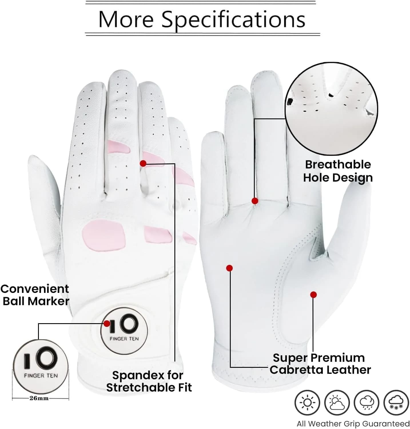 FINGER TEN Women's Leather Golf Gloves with Ball Marker - Enhanced Grip & Comfort for Ladies (White-2 Pack, Left Hand, Medium) - view 2