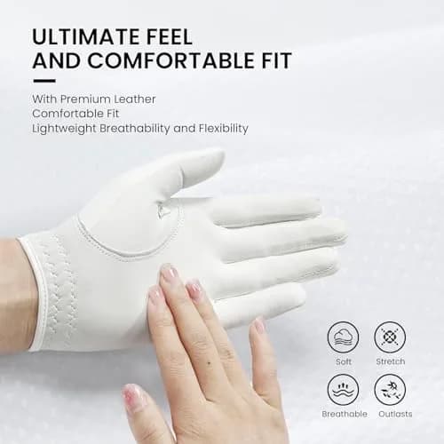 FINGER TEN Women's Leather Golf Gloves with Ball Marker - Enhanced Grip & Comfort for Ladies (White-2 Pack, Left Hand, Medium) thumbnail 3
