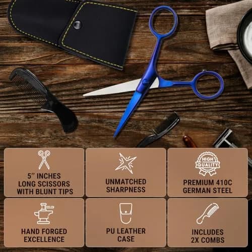 Ontaki 5-inch Beard & Mustache Scissors with Combs & Pouch | German Steel, Ambidextrous, Midnight Blue thumbnail 4