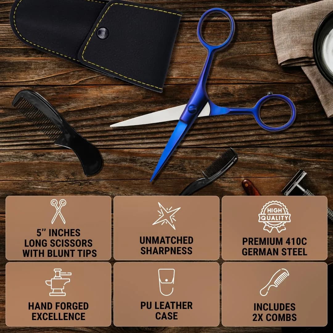Ontaki 5" Midnight Blue German Steel Beard & Mustache Scissors for Precision Styling - view 4