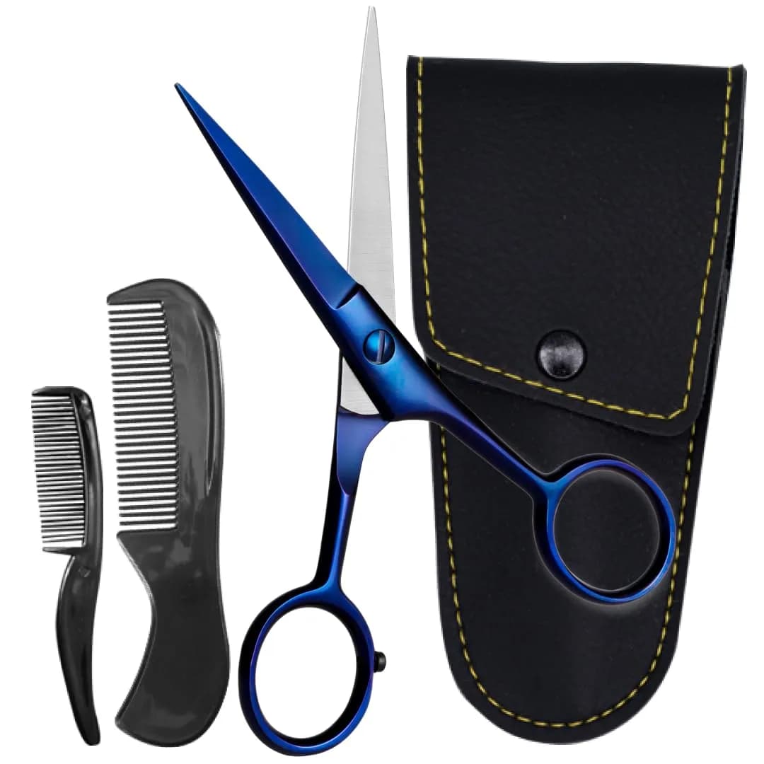 Ontaki 5" Black German Steel Beard & Mustache Scissors (3-Pack) | Precision Styling for Men — Midnight Blue