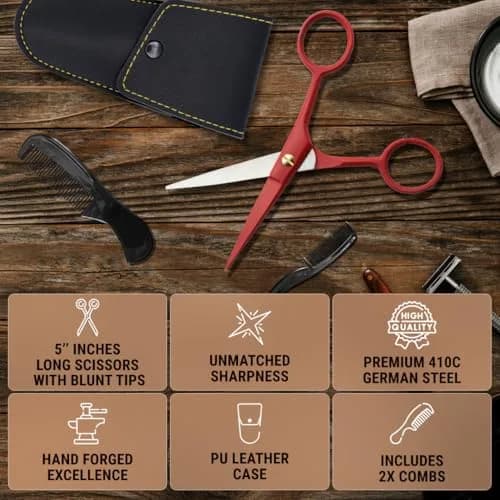 Ontaki Professional Beard & Mustache Scissors 5" (12.7 cm) | German Steel, True Red, with Combs & Pouch thumbnail 5