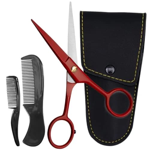 Ontaki Professional Beard & Mustache Scissors 5" (12.7 cm) | German Steel, True Red, with Combs & Pouch thumbnail 1