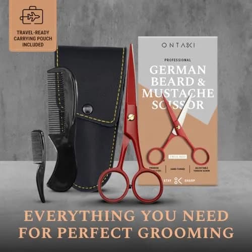 Ontaki Professional Beard & Mustache Scissors 5" (12.7 cm) | German Steel, True Red, with Combs & Pouch thumbnail 3