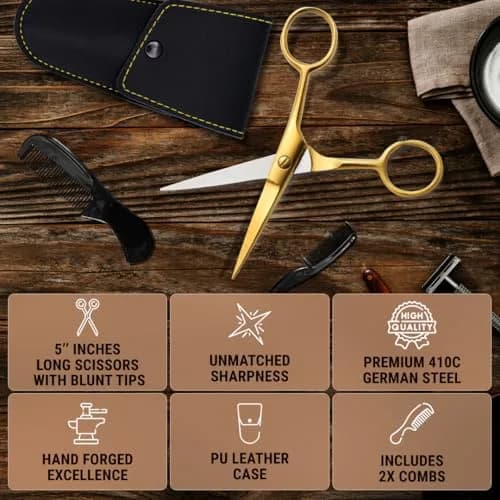 Ontaki 5" Gold Brass Beard & Mustache Scissor with Combs | Professional German Steel Grooming Kit thumbnail 5