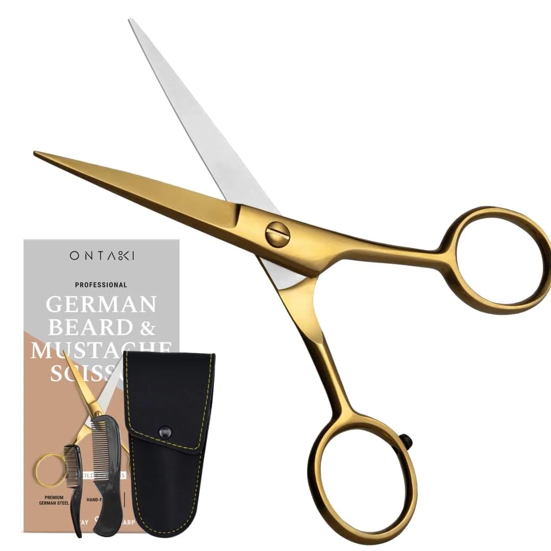 Ontaki 5" Gold Brass Beard & Mustache Scissor with Combs | Professional German Steel Grooming Kit - view 7