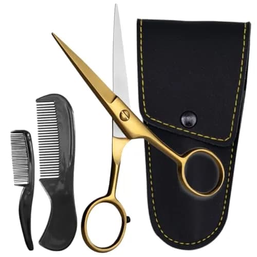 Ontaki 5" Gold Brass Beard & Mustache Scissor with Combs | Professional German Steel Grooming Kit thumbnail 1
