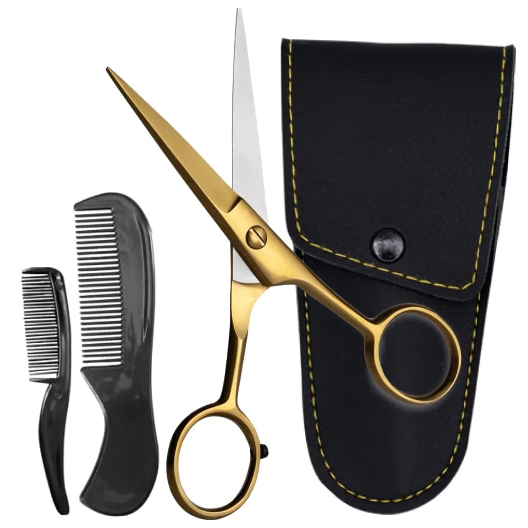 Ontaki 5" Black German Steel Beard & Mustache Scissors (3-Pack) | Precision Styling for Men — Golden Brass