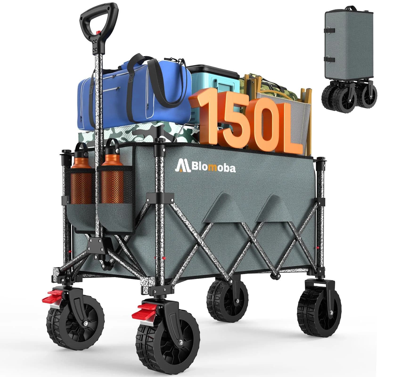 Blomoba Collapsible Wagon Cart, 150L Foldable Utility Cart with Wide Wheels, Grey