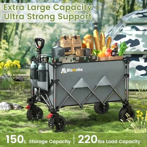 Blomoba Collapsible Wagon Cart, 150L Foldable Utility Cart with Wide Wheels, Grey thumbnail 4