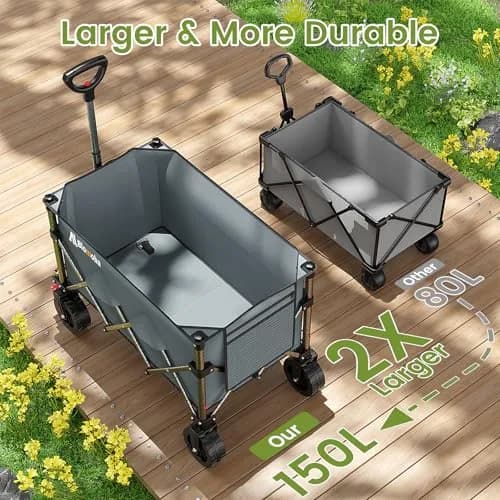 Blomoba Collapsible Wagon Cart, 150L Foldable Utility Cart with Wide Wheels, Grey thumbnail 5