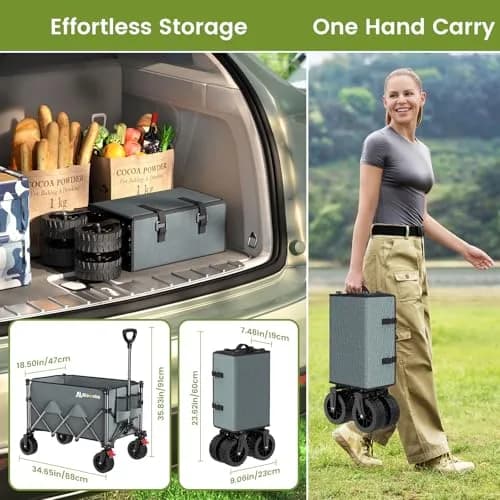 Blomoba Collapsible Wagon Cart, 150L Foldable Utility Cart with Wide Wheels, Grey thumbnail 3