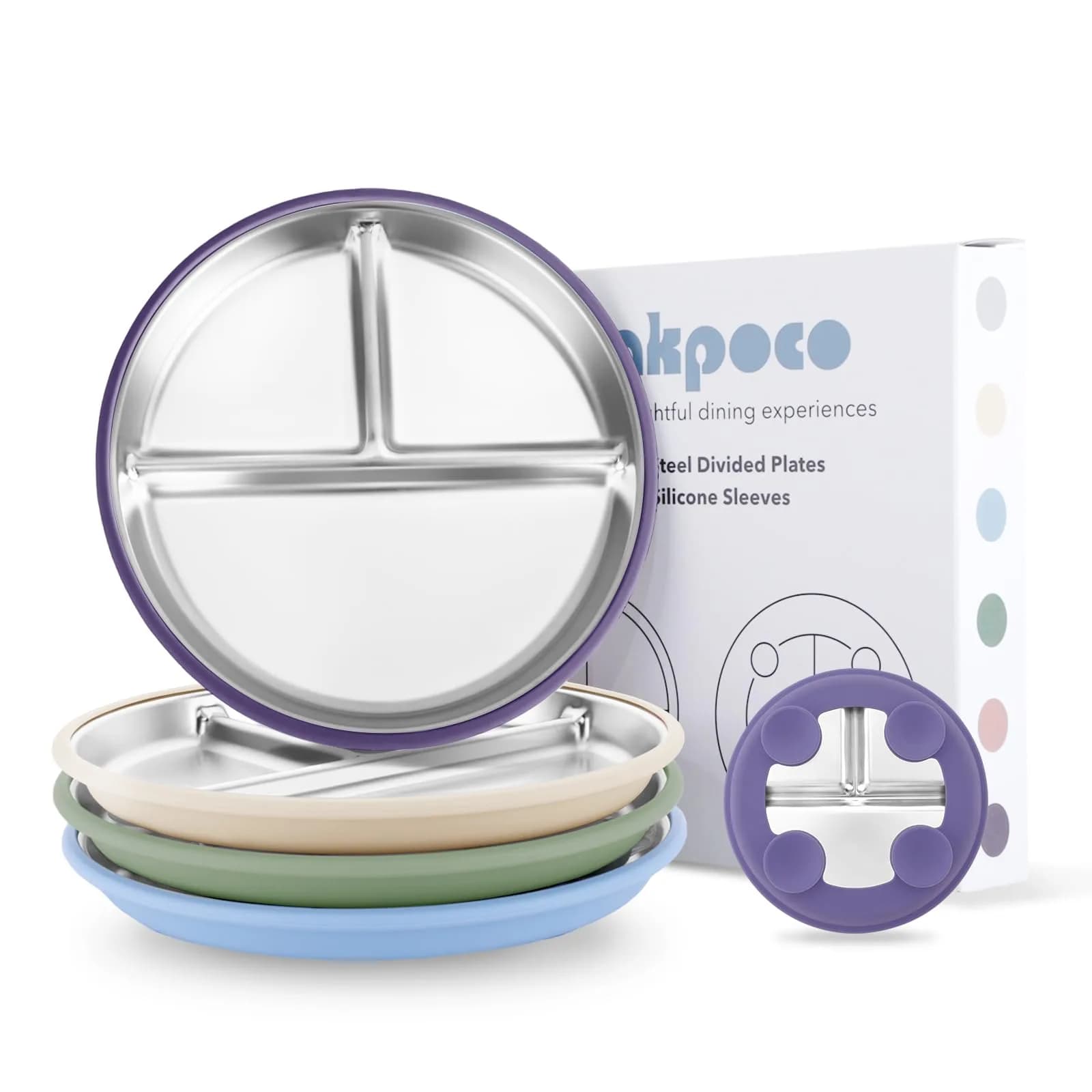 Bakpoco Stainless Steel Suction Plates for Toddlers 9" Divided Portion Control Snack Dishes with Silicone Suction Base, 4 Pack, Blue Green Purple Beige