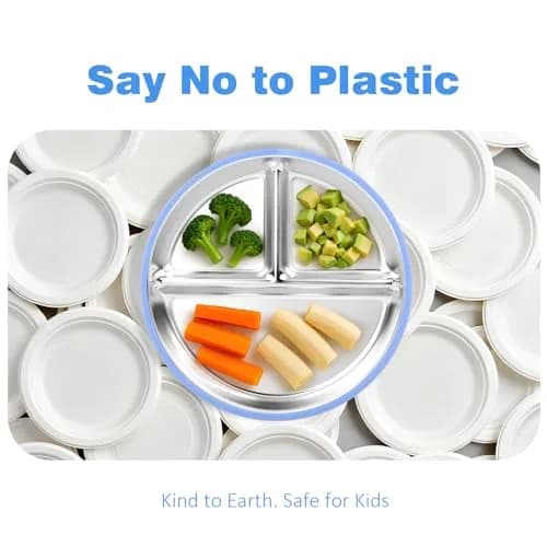 Bakpoco Stainless Steel Suction Plates for Toddlers 9" Divided Portion Control Snack Dishes with Silicone Suction Base, 4 Pack, Blue Green Purple Beige thumbnail 4