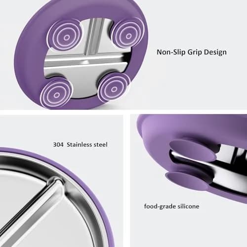 Bakpoco Stainless Steel Suction Plates for Toddlers 9" Divided Portion Control Snack Dishes with Silicone Suction Base, 4 Pack, Blue Green Purple Beige thumbnail 5