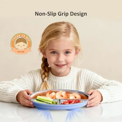 Bakpoco Stainless Steel Suction Plates for Toddlers 9" Divided Portion Control Snack Dishes with Silicone Suction Base, 4 Pack, Blue Green Purple Beige thumbnail 6