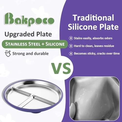 Bakpoco Stainless Steel Suction Plates for Toddlers 9" Divided Portion Control Snack Dishes with Silicone Suction Base, 4 Pack, Blue Green Purple Beige thumbnail 3