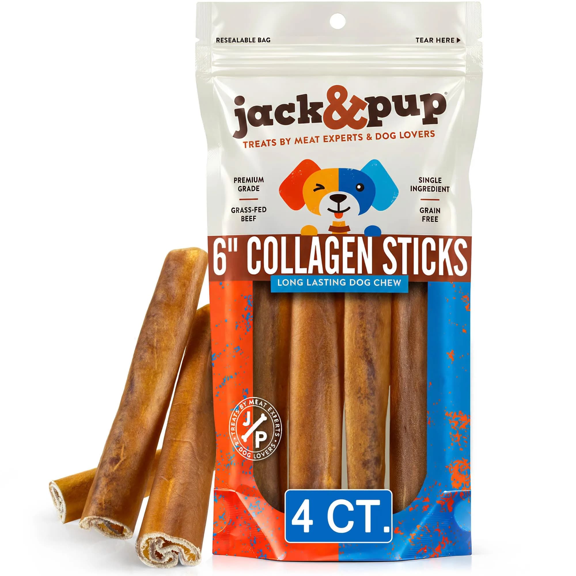 Jack&Pup Collagen Sticks for Dogs 4 Pack | Rawhide-Free, Long Lasting 6 inch Chews — Stick
