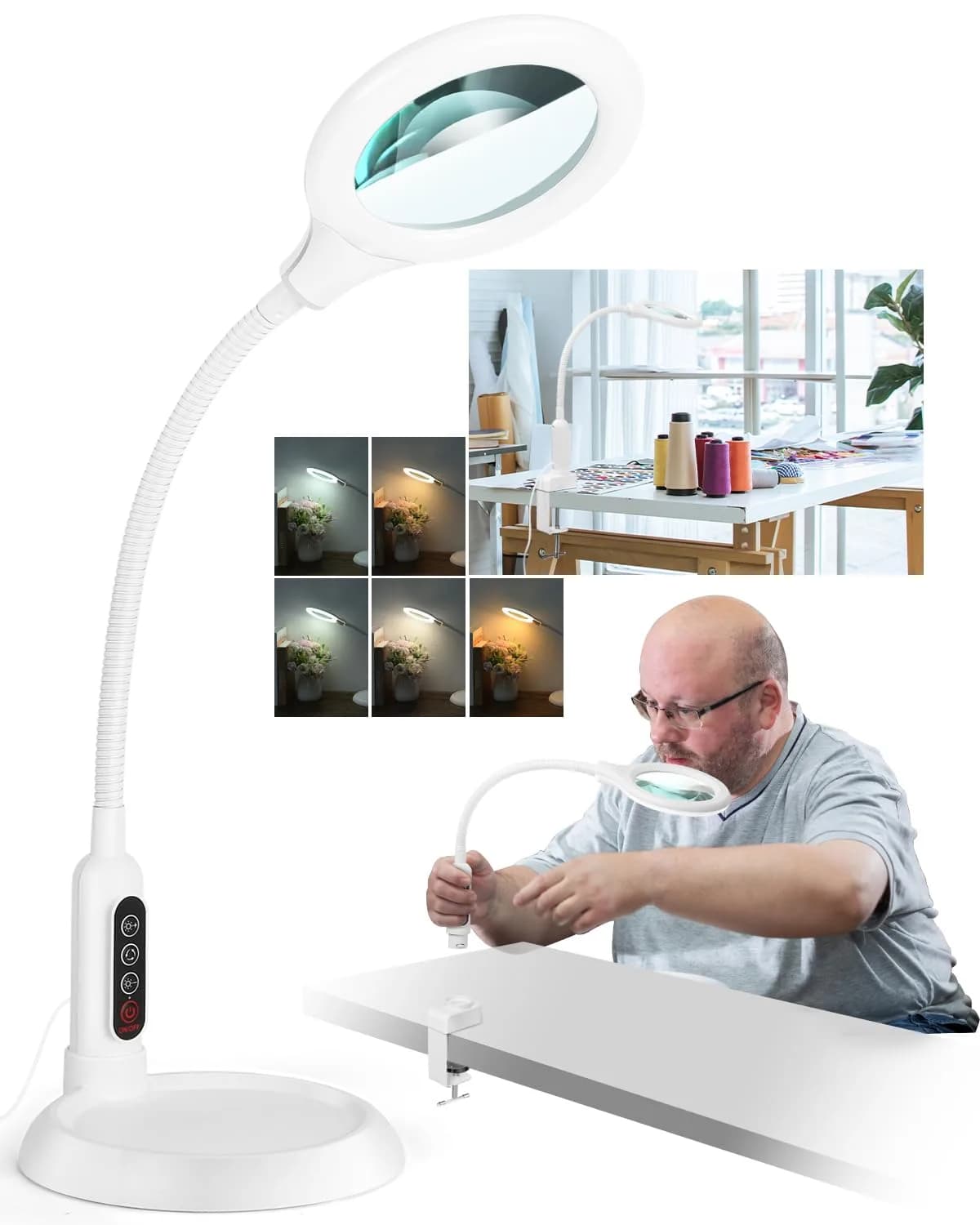 RackydigPro 12X Magnifying Glass with Light and Stand | 5 Color Modes, Brightness Stepless Dimming, Real Glass Lens, White — White