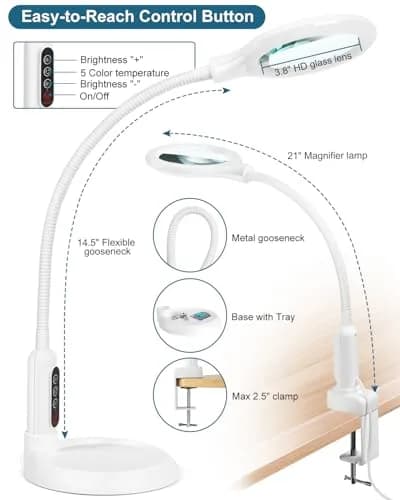 RackydigPro 12X Magnifying Glass with Light and Stand | 5 Color Modes, Brightness Stepless Dimming, Real Glass Lens, White thumbnail 2