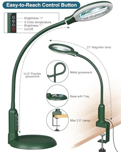 RackydigPro 12X Magnifying Glass with Light and Stand | 3.75-inch Glass, 5 Color Modes, Brightness Stepless Dimming, Hands-Free Desk Lamp, Green thumbnail 2