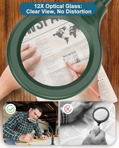 RackydigPro 12X Magnifying Glass with Light and Stand | 3.75-inch Glass, 5 Color Modes, Brightness Stepless Dimming, Hands-Free Desk Lamp, Green thumbnail 3