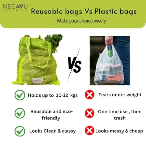 NECAVU 100% Cotton Mesh Grocery Bags Set of 2 (40x42cm) | Eco-Friendly Reusable Shopping Totes thumbnail 5