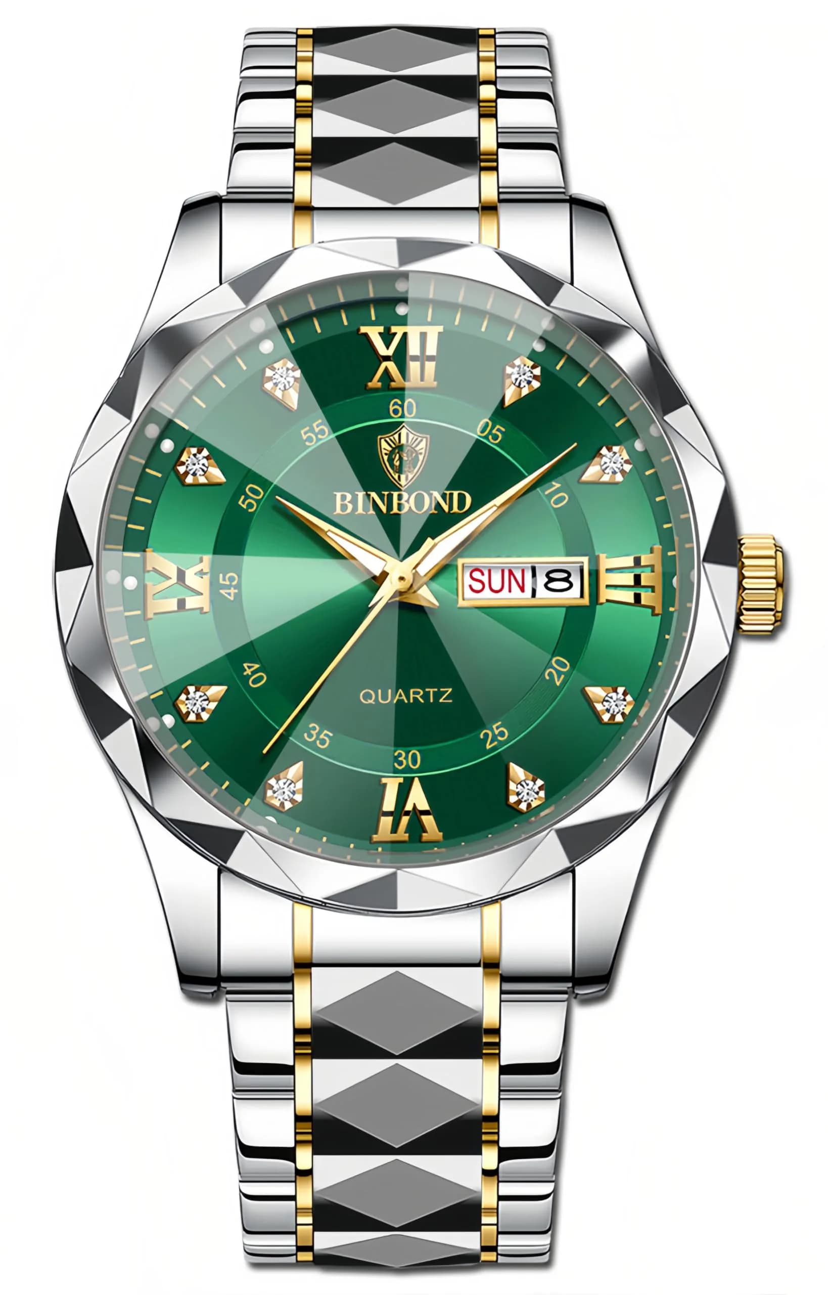 Gosasa Men's and Women's Business Diamond Watch 43mm | Waterproof Quartz with Day-Date — M-gold Green