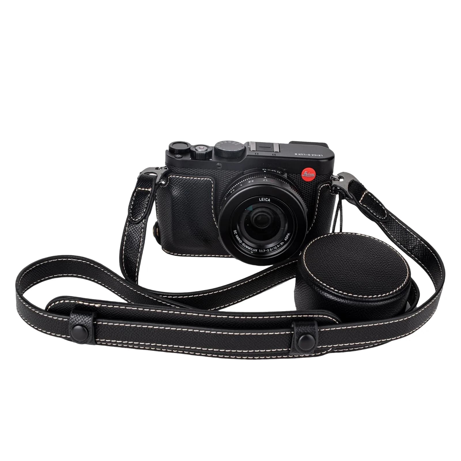 VOVMOEYA Black Camera Half Case Kit with Lens Cap & Shoulder Strap for Leica D-LUX8 | Protective PU Leather — BLACK
