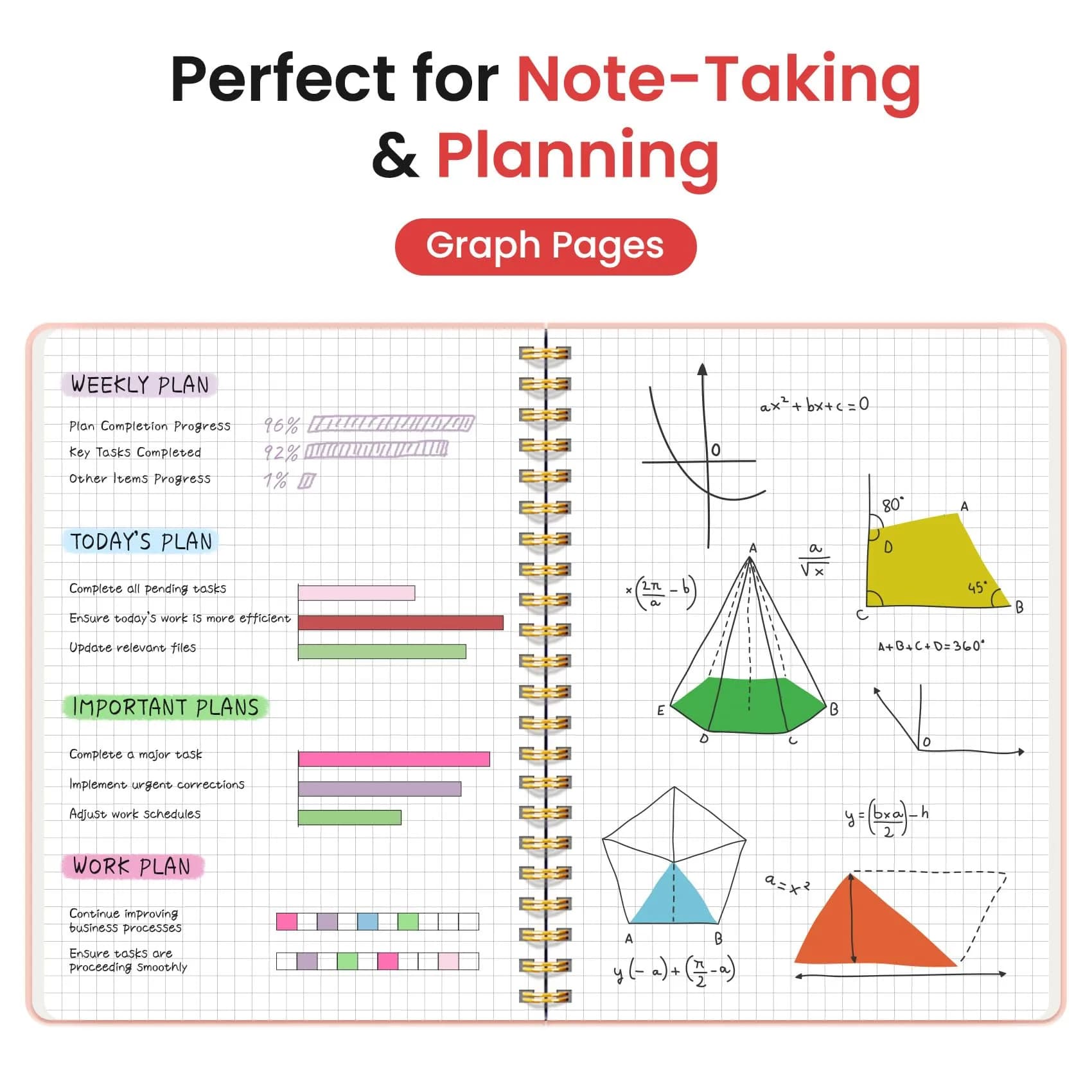 Taja Graph Spiral Journal Notebook A5 (5.7" x 7.9") – Pink | 140 Pages, Hardcover, Ink-Friendly Paper - view 3