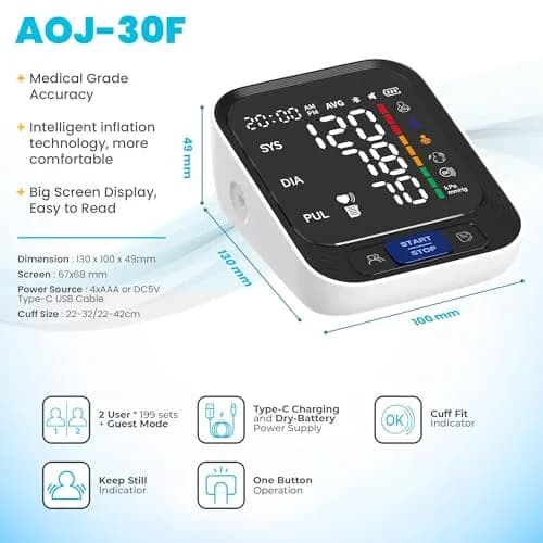 Acenis Automatic Blood Pressure Monitor AOJ-30F | Large Color Screen, Adjustable Cuff, 4xAAA Batteries thumbnail 5