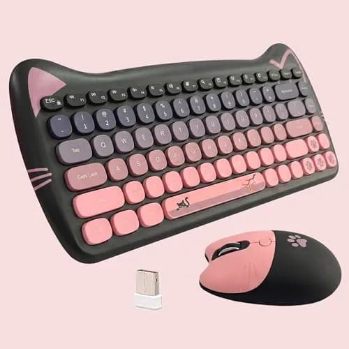 Lomiluskr Cute Cat Wireless Keyboard and Mouse Combo 84-Key English Layout | 2.4GHz Wireless Connectivity thumbnail 1