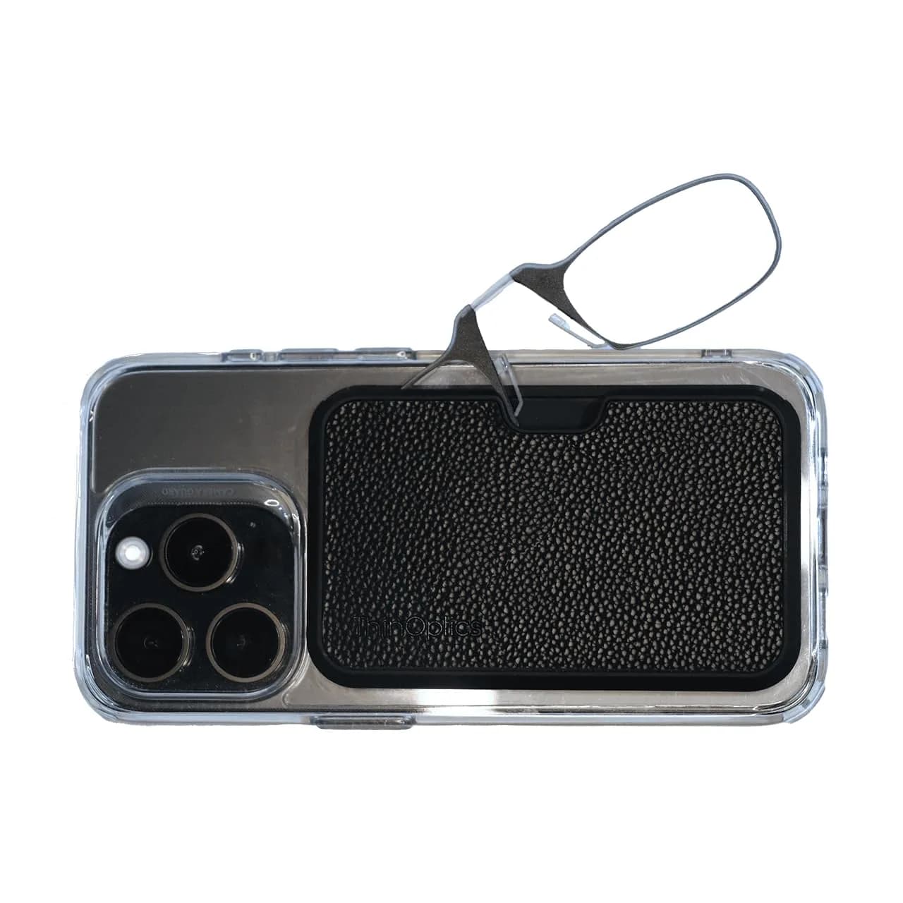 Always With You ThinOptics Readers with MagSafe Case - Armless On-Nose Glasses - Slim Phone Attachment - Black 2.5x — Black Pu Leather Case / Black Glasses